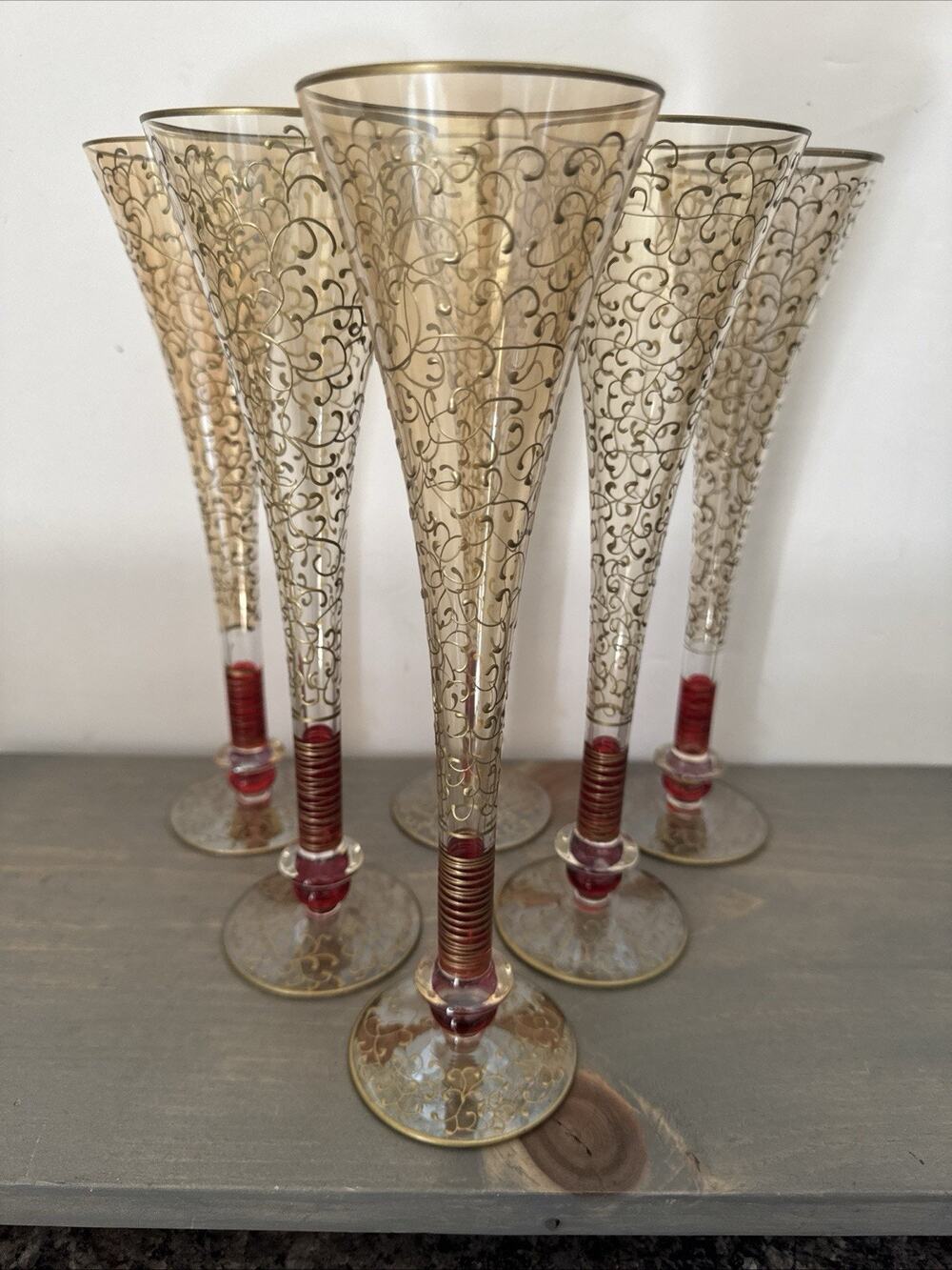 Pier 1 Rioja Hand Blown Champagne Flutes Ruby Red Stem Gold Scroll Set Of 6 Rare
